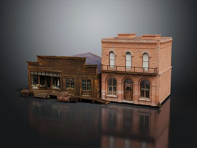 Vintage Wooden Storefront And Red Brick Building Models With Balcony And Windows 3d model
