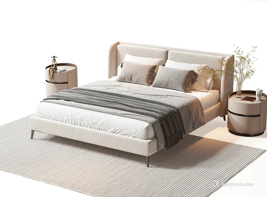 Modern Beige Upholstered Double Bed With Bedside Tables Striped Blanket Pillows Rug And Plants 3d model 