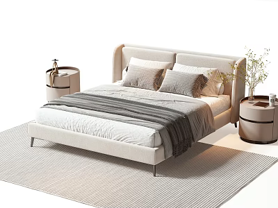 Modern Beige Upholstered Double Bed With Bedside Tables Striped Blanket Pillows Rug And Plants 3d model