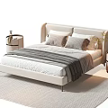 Modern Beige Upholstered Double Bed With Bedside Tables Striped Blanket Pillows Rug And Plants