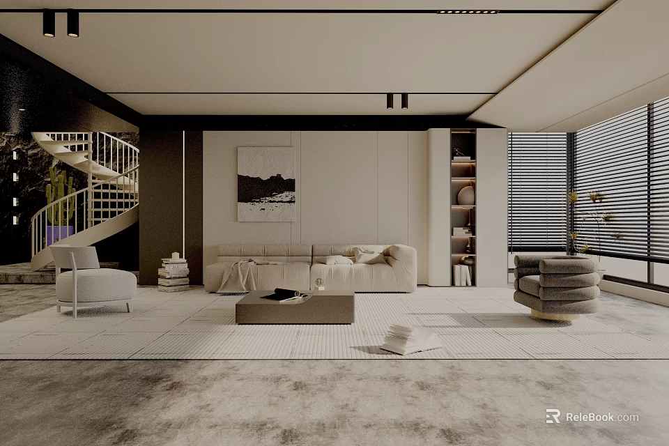 Modern Living Room Interior Design With Beige Sofa Coffee Table Accent Chair And Spiral Staircase 3d model 