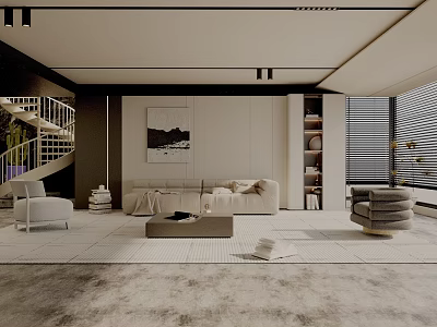 Modern Living Room Interior Design With Beige Sofa Coffee Table Accent Chair And Spiral Staircase 3d model