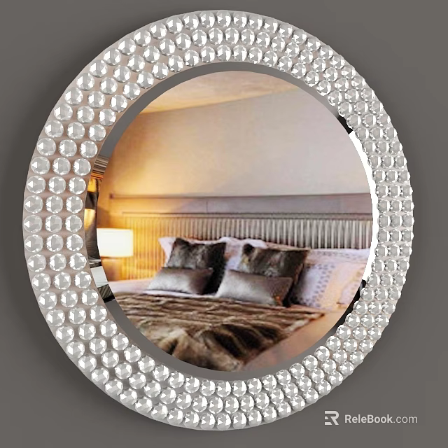Round Decorative Mirror With Crystal Border Reflecting Bedroom Bed And Pillows 3d model 