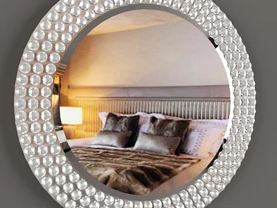 Round Decorative Mirror With Crystal Border Reflecting Bedroom Bed And Pillows 3d model