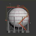 Industrial Storage Tank With Silver Metallic Surface And Red Yellow Staircase Platform