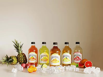 Tropical Fruit Juice Bottles With Fresh Pineapple Lemon And Ice Cubes 3d model