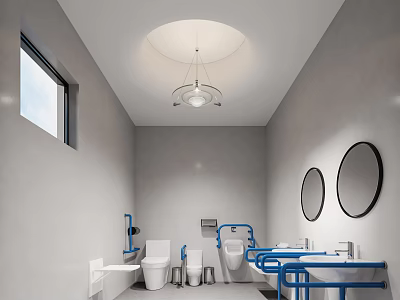 Public Restroom with Gray Walls Round Mirrors Blue Handrails and White Fixtures 3d model