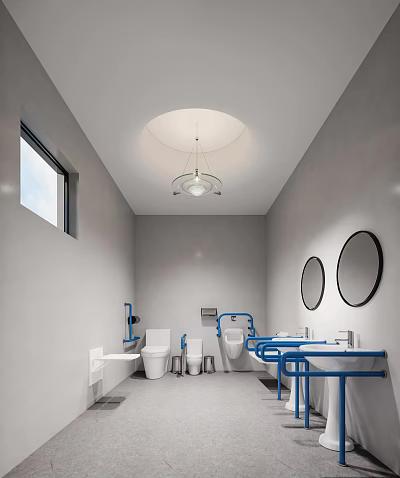 Public Restroom with Gray Walls Round Mirrors Blue Handrails and White Fixtures 3d model