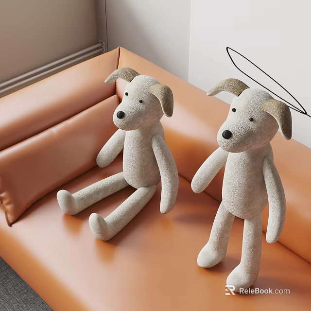 Two Cute Beige Dog Shaped Decorative Pillows Sitting On Orange Sofa 3d model 
