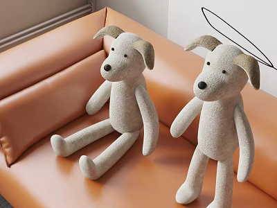 Two Cute Beige Dog Shaped Decorative Pillows Sitting On Orange Sofa 3d model