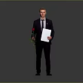 Businessman Standing In Formal Suit Holding Single Red Rose And Blank White Paper
