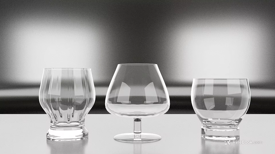 Three Transparent Drinking Glasses With Various Designs On Table And Grey Background 3d model 