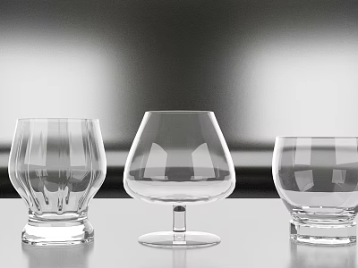 Three Transparent Drinking Glasses With Various Designs On Table And Grey Background 3d model