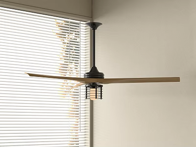 Modern Ceiling Fan With Wooden Blades And Black Base Near Window Blinds 3d model