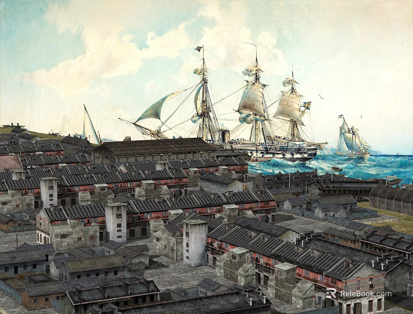 Traditional Ancient Architecture Cluster with Classic Tile Roofs and Sailing Ships by Coast 3d model 