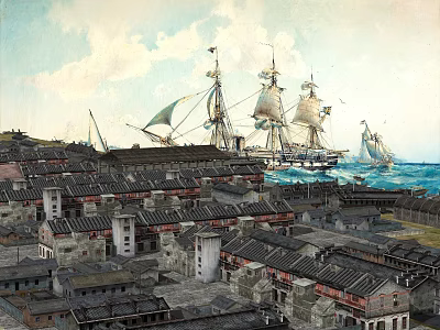 Traditional Ancient Architecture Cluster with Classic Tile Roofs and Sailing Ships by Coast 3d model