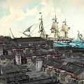 Traditional Ancient Architecture Cluster with Classic Tile Roofs and Sailing Ships by Coast