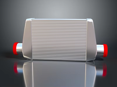 Silver Radiator With Red Connectors And Fins On Smooth Reflective Surface 3d model