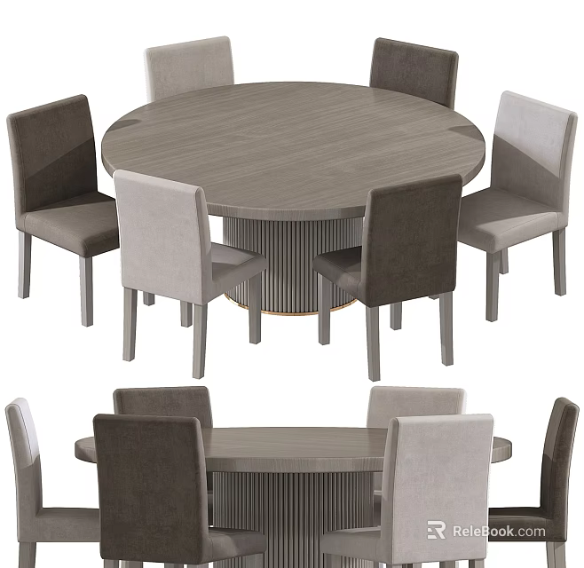 Modern Round Dining Table Set With Gray Upholstered Chairs And Sturdy Base 3d model