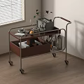 Modern Rolling Cart with Metal Frame Wooden Shelves Wheels and Coffee Machine on Top
