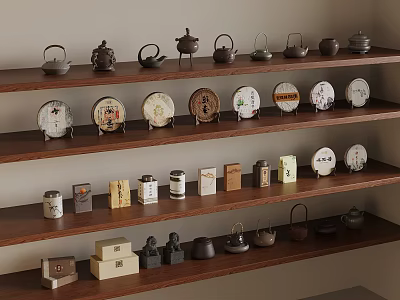 Traditional Tea Collection Display With Sets Trays And Caddies On Wooden Shelves 3d model