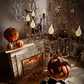 Halloween Living Room Sofa and Coffee Table Set with Pumpkin Decor Fireplace and Chandelier