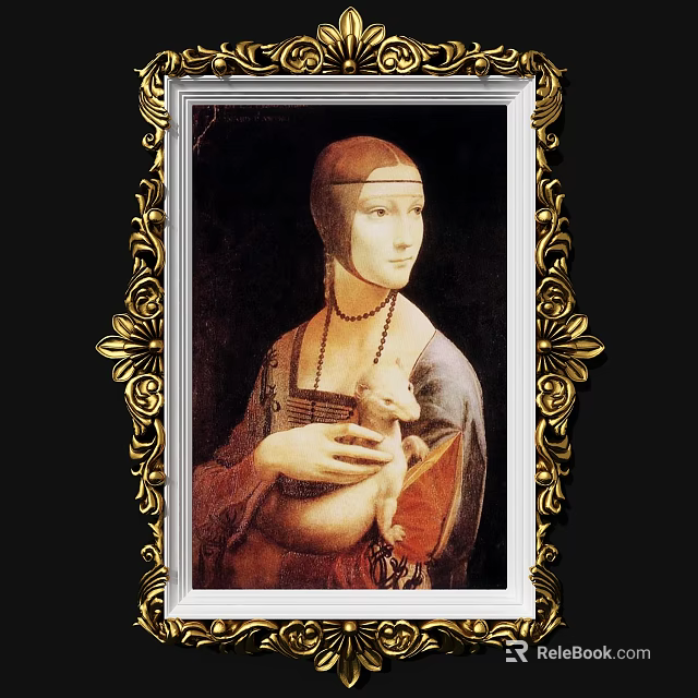 Renaissance Woman Portrait Painting with Headscarf Beaded Necklace Holding Lamb in Ornate Gold Frame 3d model 