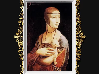 Renaissance Woman Portrait Painting with Headscarf Beaded Necklace Holding Lamb in Ornate Gold Frame 3d model