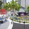 Aerial View of Modern Plaza Landscape with Trees Lawns Circular Paths and Recreational Areas