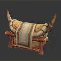 Ethnic Style Wooden Stool With Horn Decor And Geometric Pattern Cloth