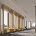 Modern Office Corridor With Wooden Walls Large Windows Natural Light And Seating Area