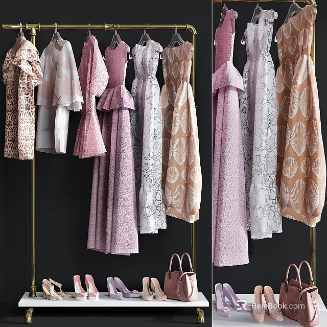 Stylish Women's Dresses With Various Colors Patterns And Matching Handbags Shoes 3d model 