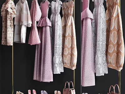 Stylish Women's Dresses With Various Colors Patterns And Matching Handbags Shoes 3d model