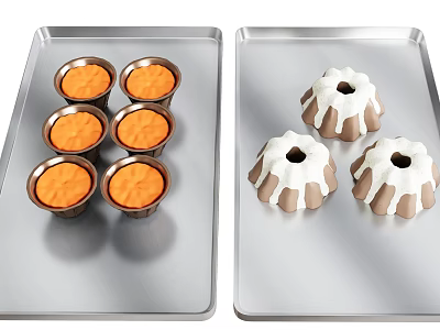 Baking Trays With Mini Cakes In Orange Filling And Bundt Cakes Topped With White Frosting 3d model
