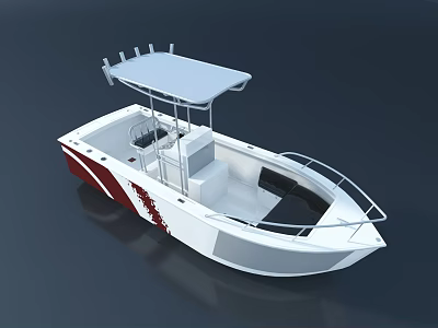Small Wooden Boat With White Hull Red Decorations Canopy And Metal Railing 3d model
