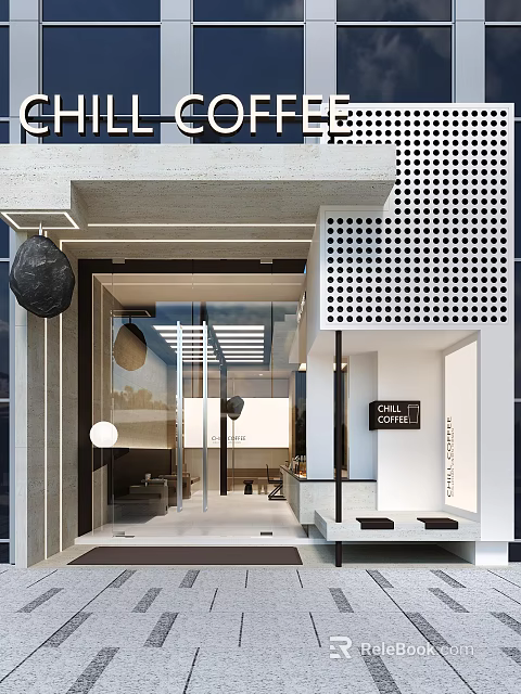 Modern Chill Cafe Exterior With Geometric Wall Glass Entrance And Hanging Decorations 3d model 