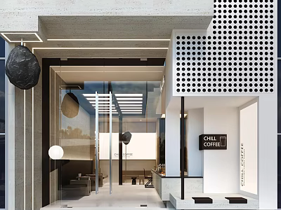 Modern Chill Cafe Exterior With Geometric Wall Glass Entrance And Hanging Decorations 3d model