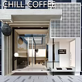 Modern Chill Cafe Exterior With Geometric Wall Glass Entrance And Hanging Decorations