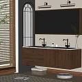 Modern Bathroom Vanity Cabinet With Double Sink Mirror Above And Wooden Storage Drawers