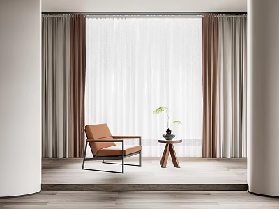 Sheer White And Brown Curtains In Modern Interior With Orange Chair Potted Plant And Wooden Floor 3d model