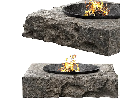 Two Outdoor Fire Pits With Natural Rock Base And Burning Flames 3d model