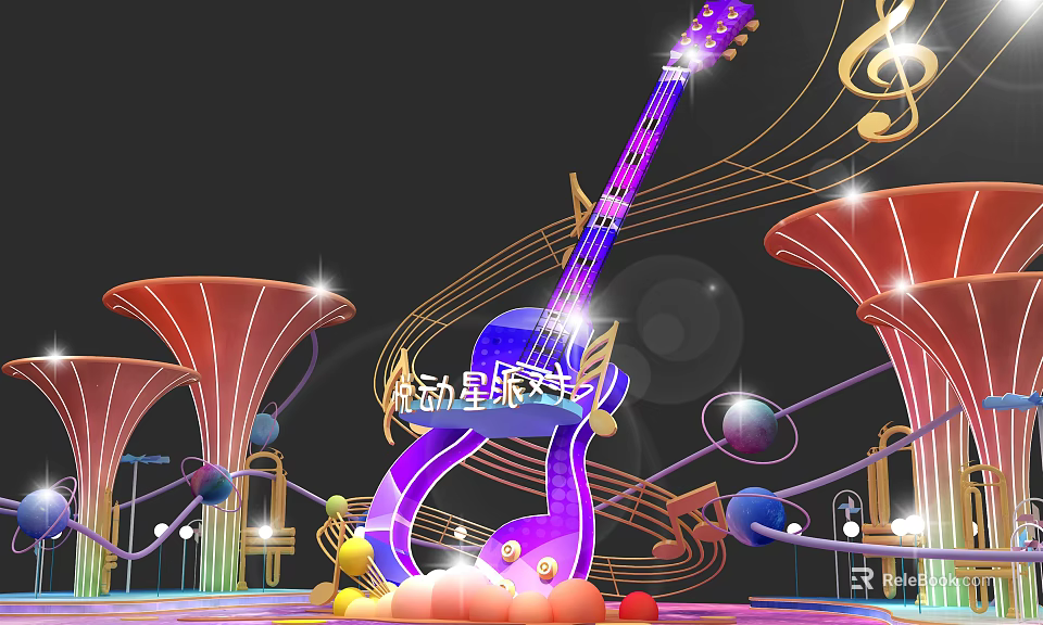 Vibrant Purple Guitar With Musical Notes Neon Lights And Colorful Decorative Elements 3d model 
