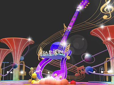 Vibrant Purple Guitar With Musical Notes Neon Lights And Colorful Decorative Elements 3d model
