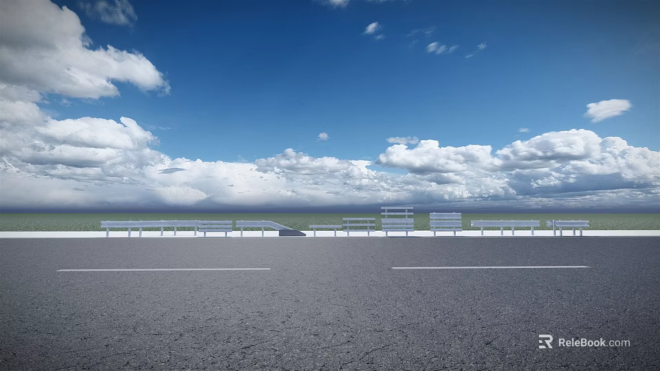 Highway Fence Along Road With Blue Sky White Clouds And Green Grassland 3d model 