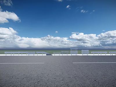 Highway Fence Along Road With Blue Sky White Clouds And Green Grassland 3d model