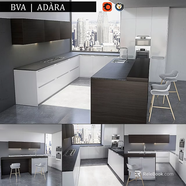 Modern Kitchen With White And Dark Cabinets And Island Counter City View 3d model 