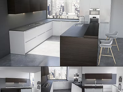 Modern Kitchen With White And Dark Cabinets And Island Counter City View 3d model