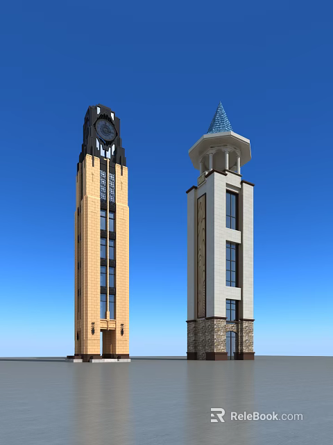 Two Distinct Towers Featuring Clock And Blue Spire With Windows Against Blue Sky 3d model 