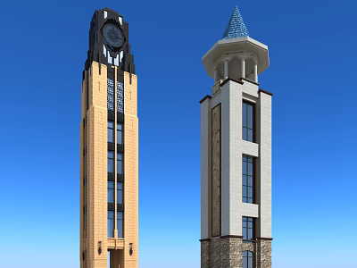 Two Distinct Towers Featuring Clock And Blue Spire With Windows Against Blue Sky 3d model