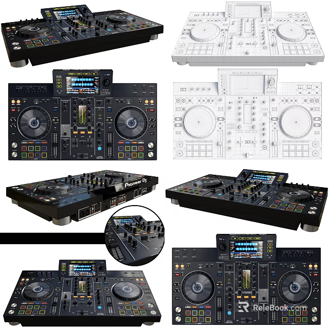Professional DJ Mixer Featuring Control Panel Turntables Display Screen Technical Drawing Various Angles 3d model 
